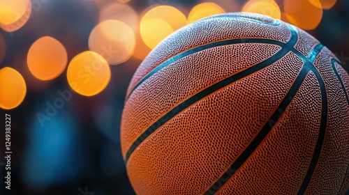 Basketball ball in focus with a blurry background showcasing a sports environment