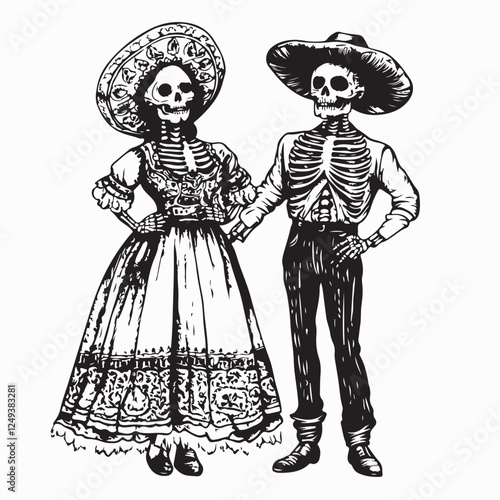 Mexican Skeleton Couple Stock Illustrations isolated on white background.