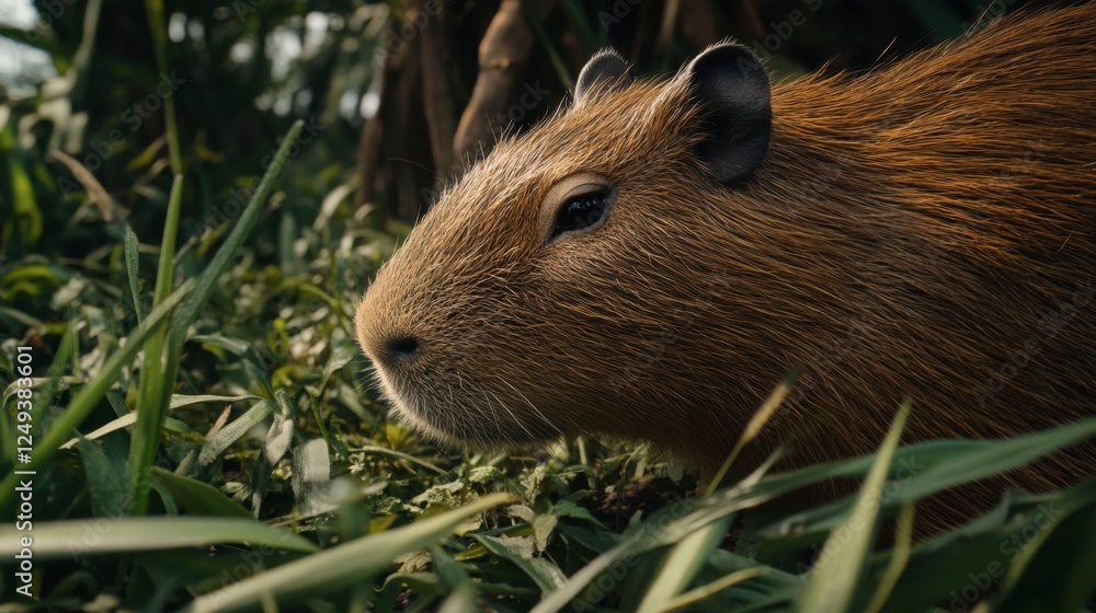 Close-Up of Capybara in Natural Habitat Among Green Grass and Plants Close-Up of Capybara in Natural Habitat Among Green Grass and Plants