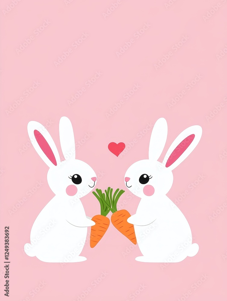 Cute Rabbits with Carrots on Pink Background - Adorable illustration of two cheerful rabbits holding carrots against a soft pink background, perfect for cute designs and love themes. Cute Rabbits with Carrots on Pink Background - Adorable illustration of two cheerful rabbits holding carrots against a soft pink background, perfect for cute designs and love themes.