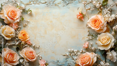 Wallpaper Mural Beige vintage flower frame with roses and pearls Victorian style romantic elegant card invitation wedding decoration art design. Torontodigital.ca