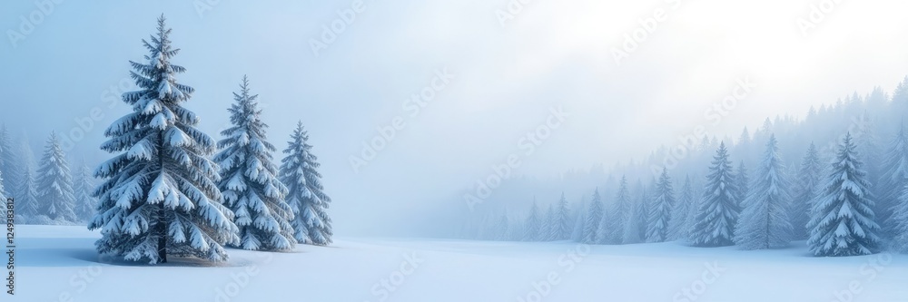Obraz premium Snow-dusted pine trees shrouded in white haze, winter, frost, trees