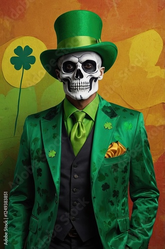 Celebration of St. Patrick's Day with vibrant green attire and festive skull-themed costume photo