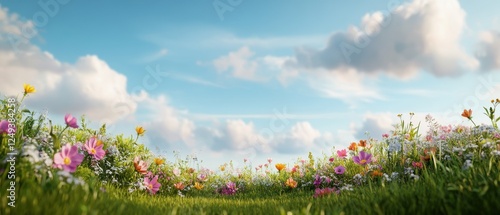 Fototapeta Naklejka Na Ścianę i Meble -  Tranquil meadow landscape with vibrant wildflowers under blue sky