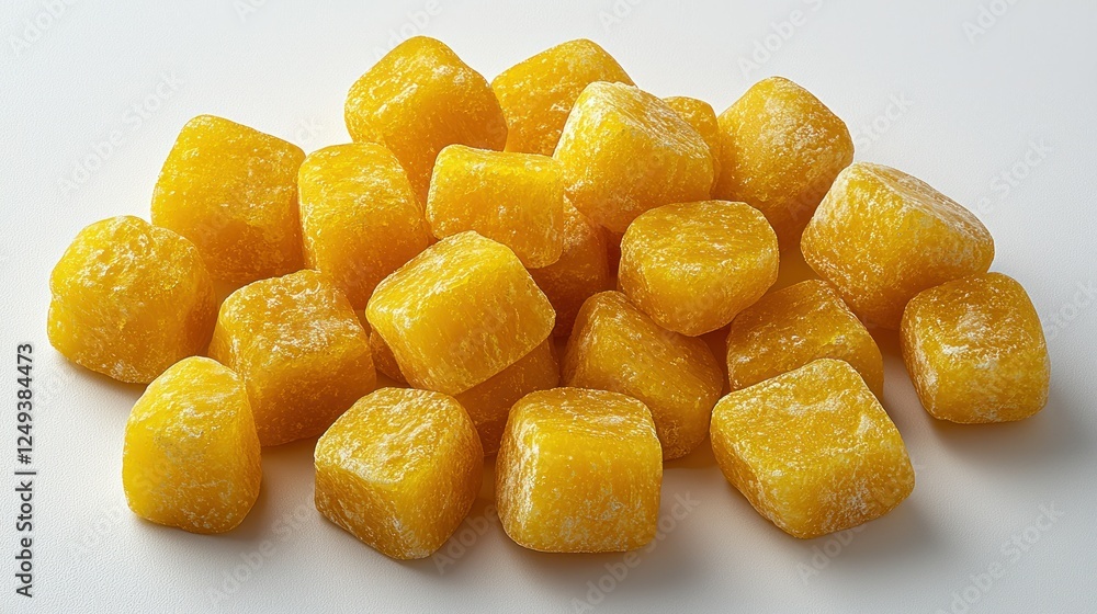Pile of yellow crystallized fruit cubes on white background Pile of yellow crystallized fruit cubes on white background
