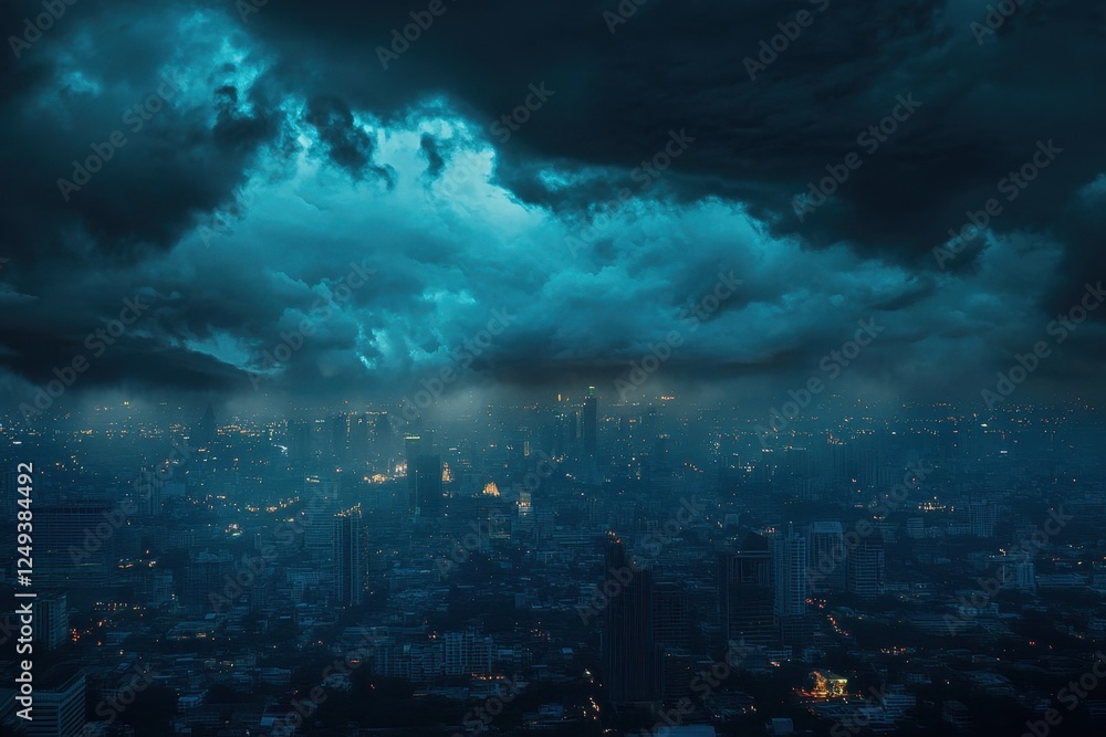 Obraz premium Cityscape at night under dramatic storm clouds