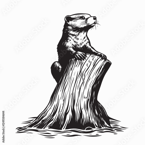 Otter Standing on a Tree Trunk with an Adorable Pose vector image on white background.