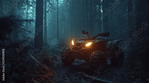 ATV in Dark Forest with Headlights Glowing