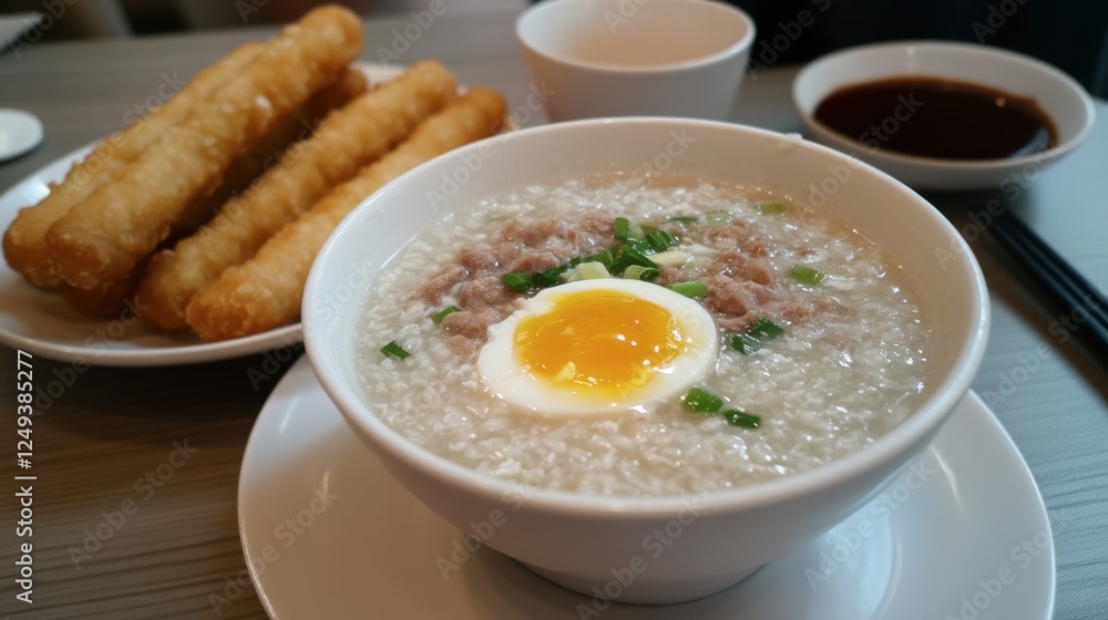 Delicious Bowls of Rice Congee with Egg and Fried Dough Sticks Delicious Bowls of Rice Congee with Egg and Fried Dough Sticks