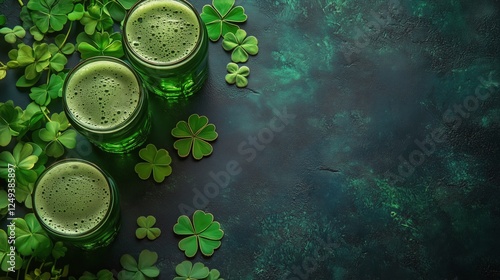 Bright green drinks with shamrocks on a dark surface for St Patrick's Day cel...