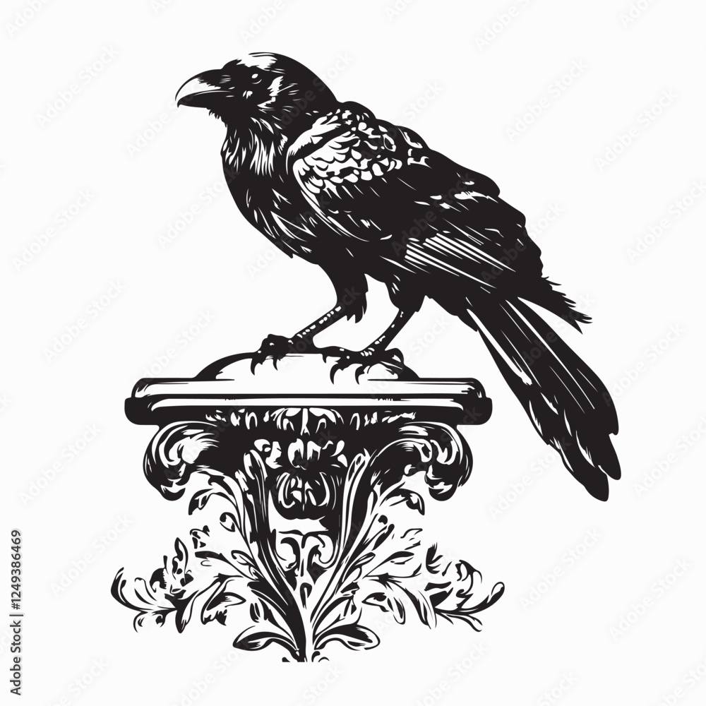 Naklejka premium Crow Resting on a Tombstone, Creating a Mysterious and Haunting Scene image vector.