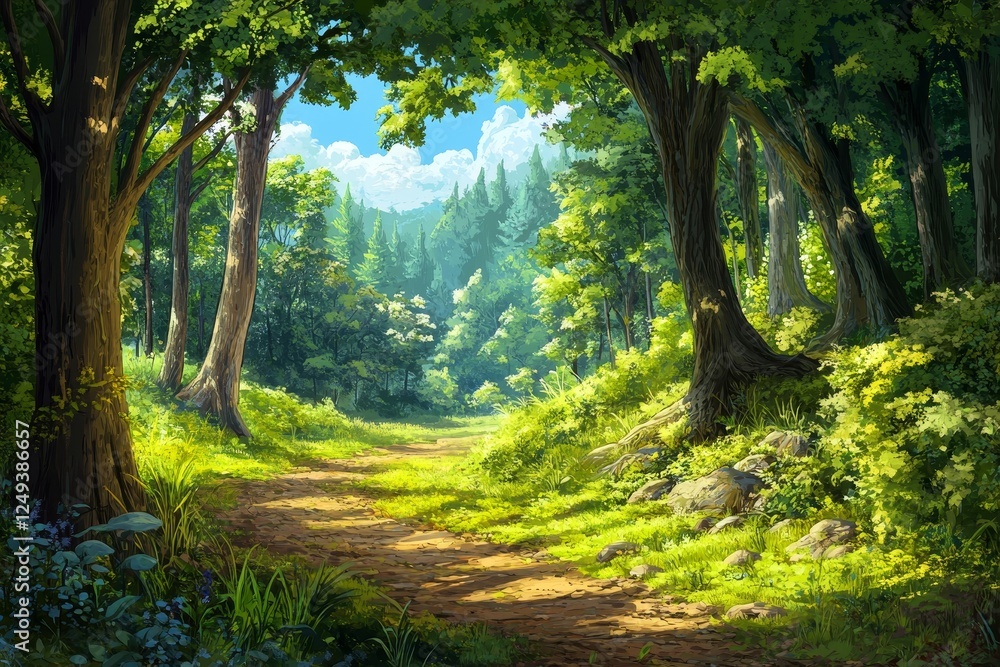 Fototapeta premium Serene natural landscape featuring a forest trail alongside a calm, reflective body of water with dense foliage.
