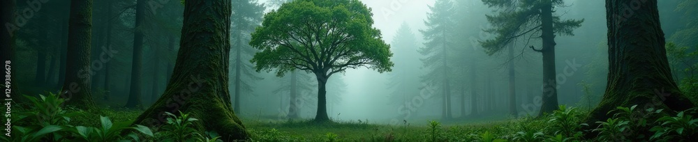 Fototapeta premium Towering tree in dense forest with misty atmosphere, green, patagonian trees, nature