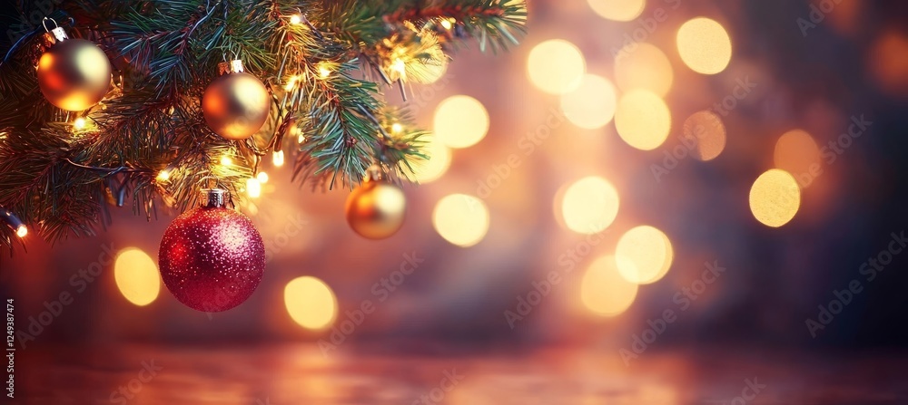 Festive Christmas Tree Branch Adorned with Ornaments and Sparkling Lights, on Blurred Background Festive Christmas Tree Branch Adorned with Ornaments and Sparkling Lights, on Blurred Background