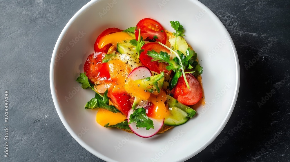 Fresh Colorful Vegetable Salad Bowl - A vibrant bowl of fresh salad featuring sliced tomatoes, cucumbers, radishes, and cilantro with a light dressing. Fresh Colorful Vegetable Salad Bowl - A vibrant bowl of fresh salad featuring sliced tomatoes, cucumbers, radishes, and cilantro with a light dressing.