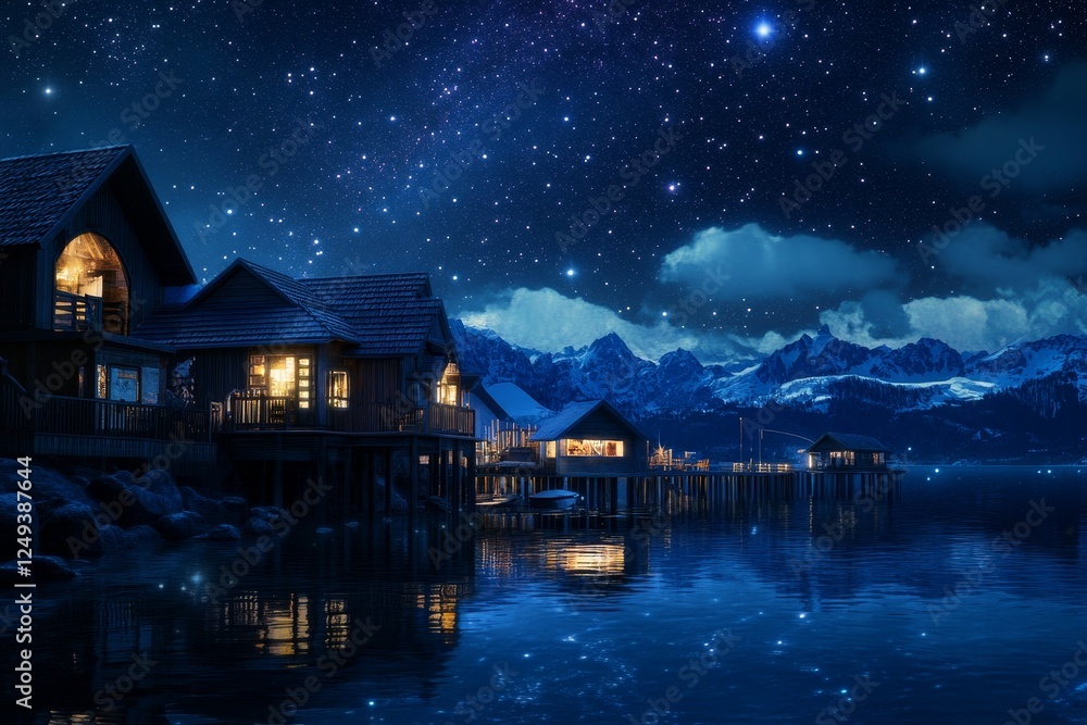 Fototapeta premium Serene winter evening with illuminated cabins by a calm, reflective river