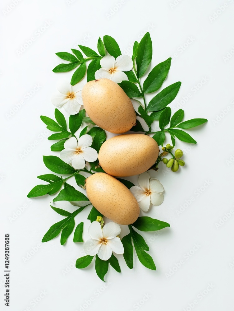 Fresh eggs with flowers and leaves arrangement - A beautiful arrangement of fresh eggs surrounded by delicate flowers and lush green leaves symbolizing nature freshness vitality abundance fertility Fresh eggs with flowers and leaves arrangement - A beautiful arrangement of fresh eggs surrounded by delicate flowers and lush green leaves symbolizing nature freshness vitality abundance fertility