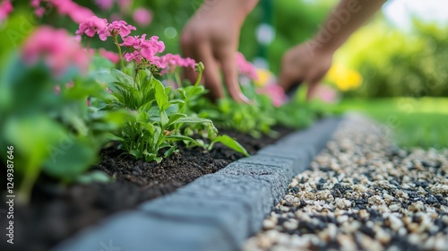 Gardening activity with colorful flowers in a well-maintained backyard during...