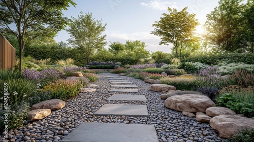 Beautiful garden pathway lined with stones and lush greenery in the early mor...