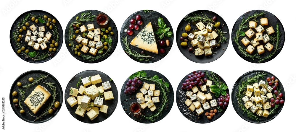 Fototapeta premium Chunks of delicious molded cheese on a round plate with herbs: rosemary, spinach, a set of cheese cubes isolated on a white background with nuts, olives, a glass of wine