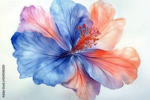 Colorful hibiscus flower with blue and pink petals against a white background