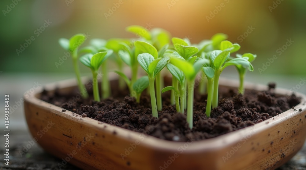 Newly Sprouted Seedlings Growing in a Wooden Tray on a Sunny Day Newly Sprouted Seedlings Growing in a Wooden Tray on a Sunny Day
