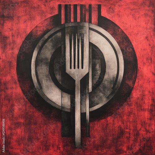 Abstract art of a fork and plate on a red background. Possible use Stock photo for design templates or prints photo