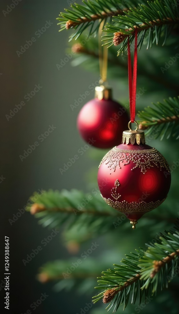 Obraz premium Vintage ornaments hang from fir branches with ribbons, ornaments, festive, elegance
