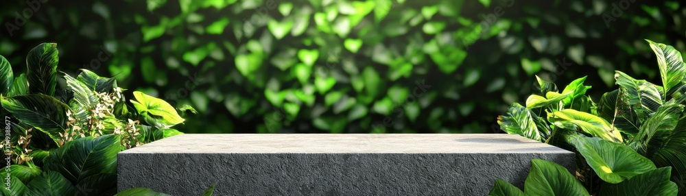 A serene stone platform surrounded by lush greenery, evoking a sense of calm and tranquility in a natural setting. A serene stone platform surrounded by lush greenery, evoking a sense of calm and tranquility in a natural setting.