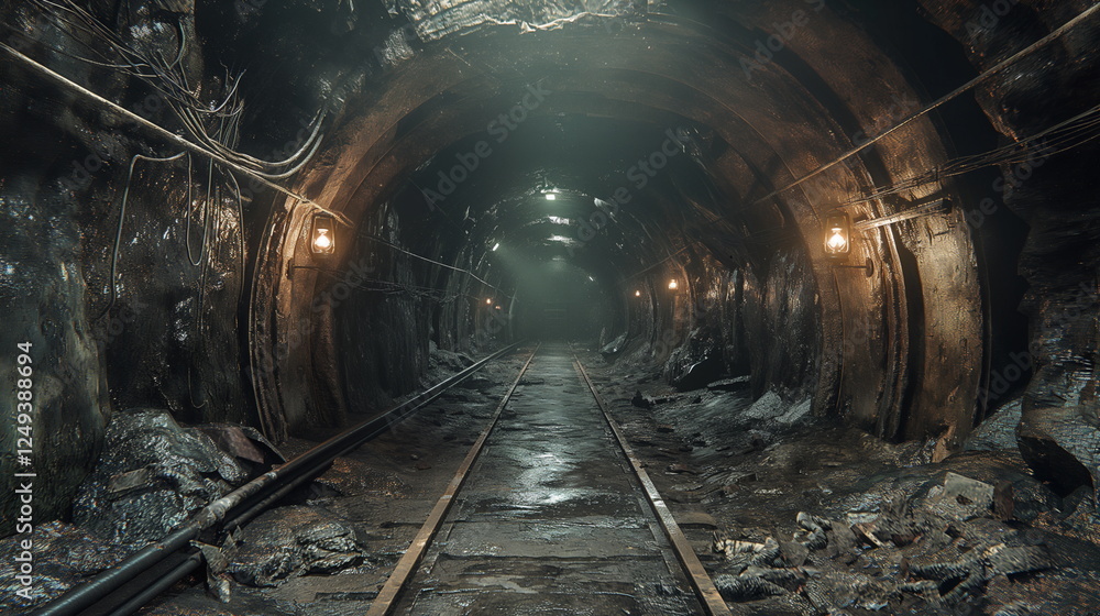 Naklejka premium A narrow tunnel of a coal mine illuminated only by_004