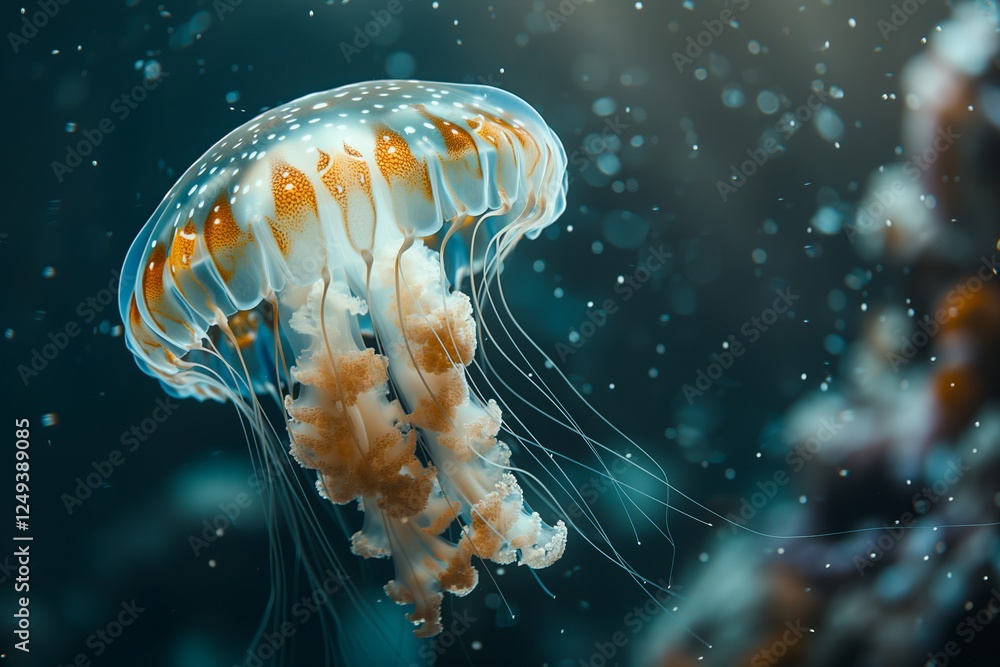 A close-up of a jellyfish swimming gracefully in vibrant ocean waters. A close-up of a jellyfish swimming gracefully in vibrant ocean waters.