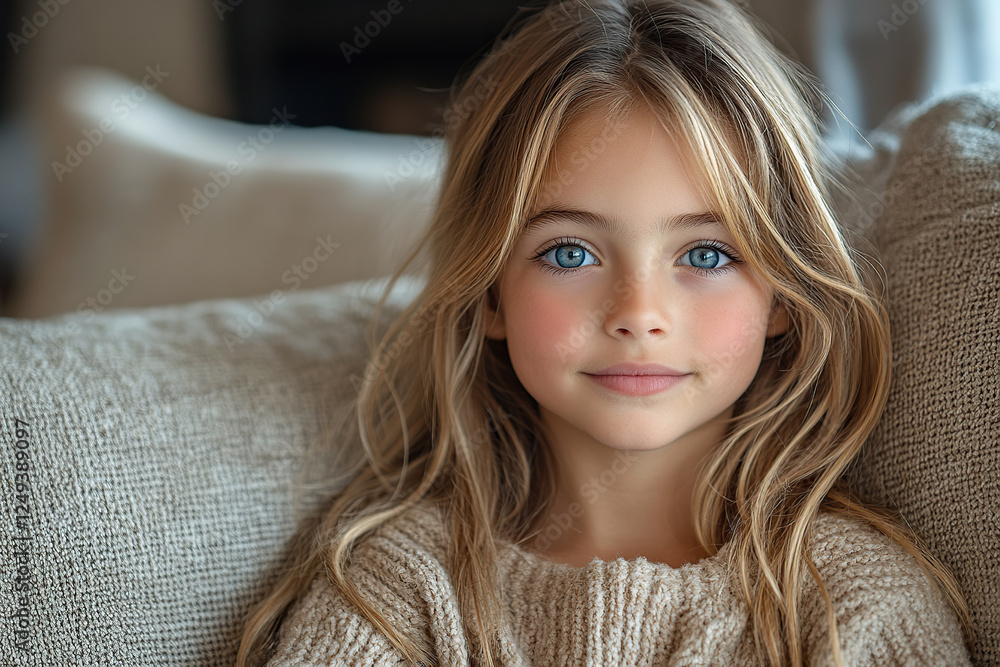 Portrait of young girl sitting on sofa at home Portrait of young girl sitting on sofa at home