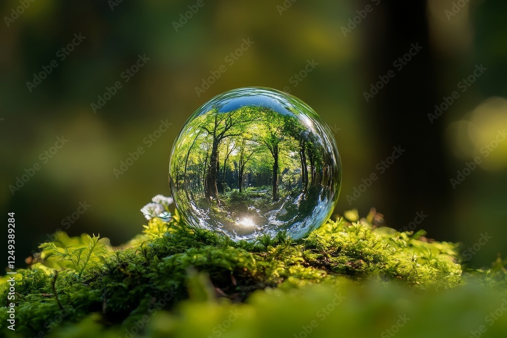A clear glass sphere placed on green moss reflecting trees and foliage of the surrounding forest A clear glass sphere placed on green moss reflecting trees and foliage of the surrounding forest