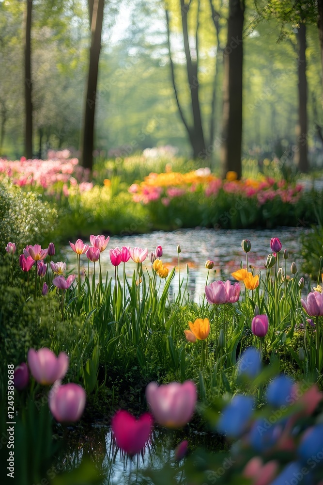 Lush garden with pink flowers arching overhead on a sunny day Lush garden with pink flowers arching overhead on a sunny day