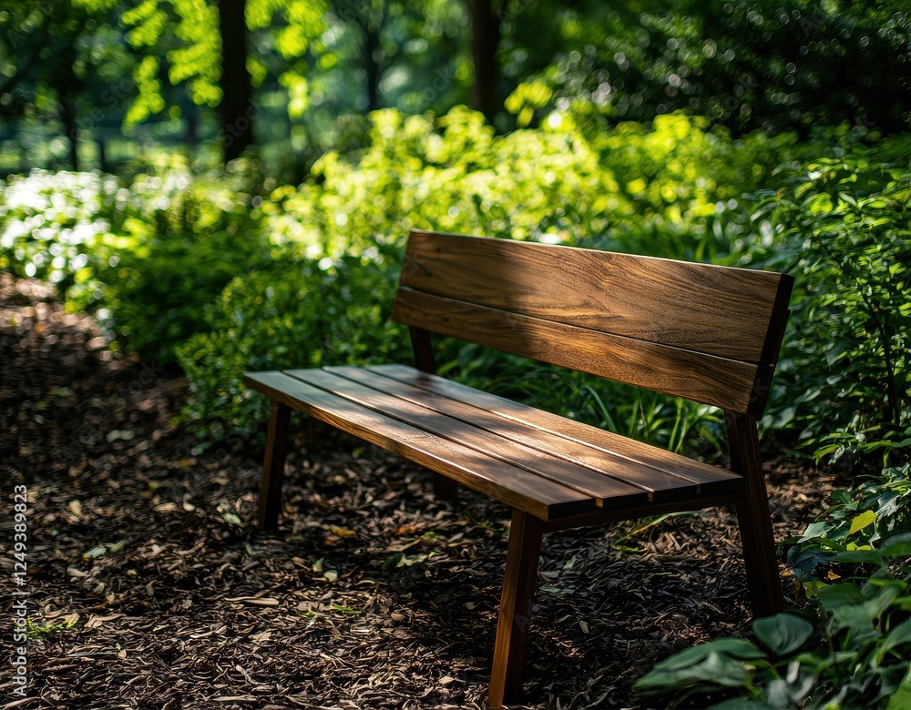 Fototapeta premium A wooden bench sits amidst lush greenery, illuminated by sunlight, creating a peaceful spot for relaxation in nature.