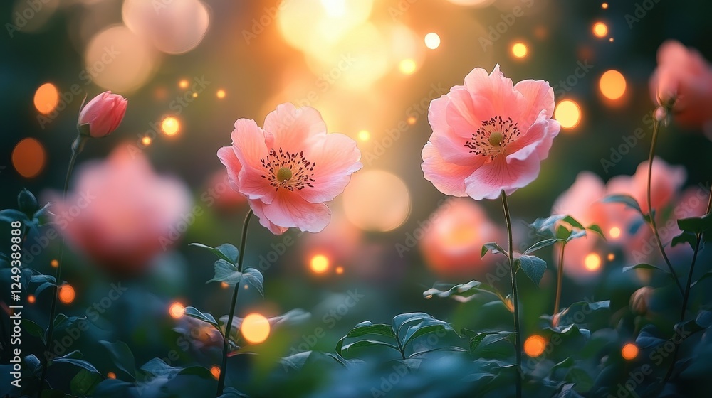 Obraz premium Pink flowers sunset garden bokeh magical
