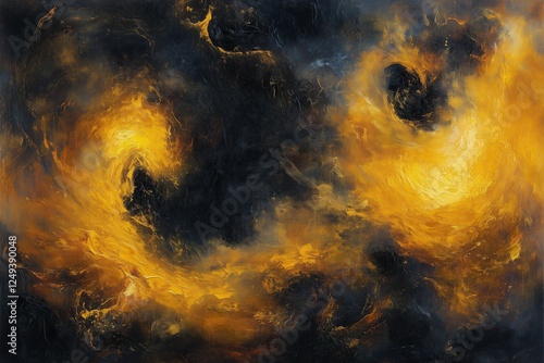 Gold and black swirls capture the universe's beauty in an abstract celestial ...