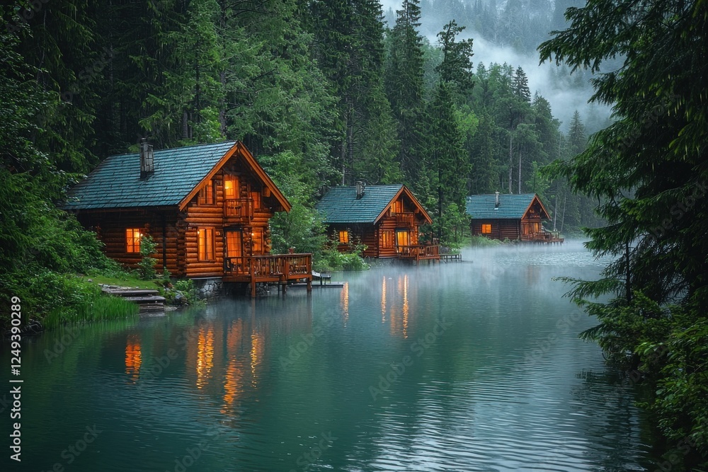 Obraz premium Serene lakeside cabins surrounded by misty forests at dawn, reflecting tranquility
