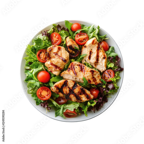 Freshly prepared salad with grilled chicken, cherry tomatoes and crispy greens. isolated on transparent background, png photo