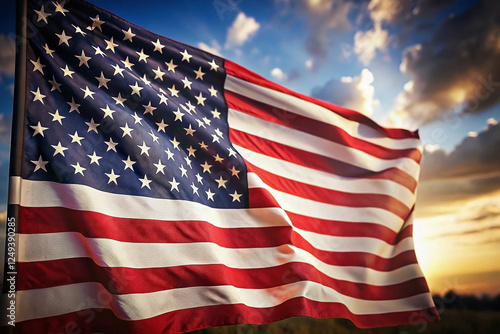 American flag waving in sunset sky. Patriotic image for use in design or marketing photo