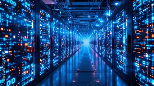 Futuristic Data Center with High-Tech Supercomputers & AI Processing