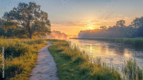 Wallpaper Mural Serene sunrise over a river pathway with mist and lush greenery nearby Torontodigital.ca