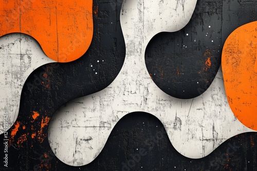 Abstract wall design with black, white, and orange shapes creating a modern a...