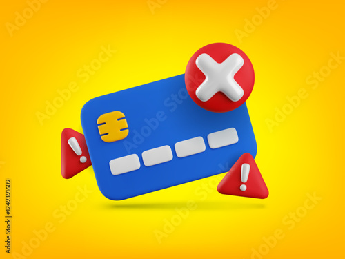 Vector cartoon 3d blocked credit card banner. Realistic 3d render of credit card with red cross mark and exclamation sign. Declined purchase, payment error, failed online payment, canceled transaction