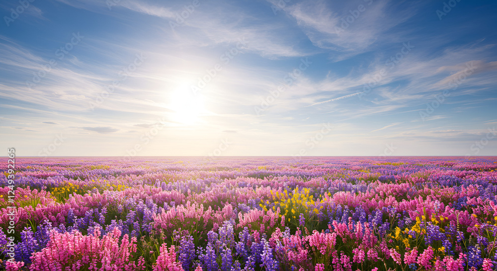Fototapeta premium Colorful Wildflowers Covering a Vast Open Field Under a Bright Sunny Sky