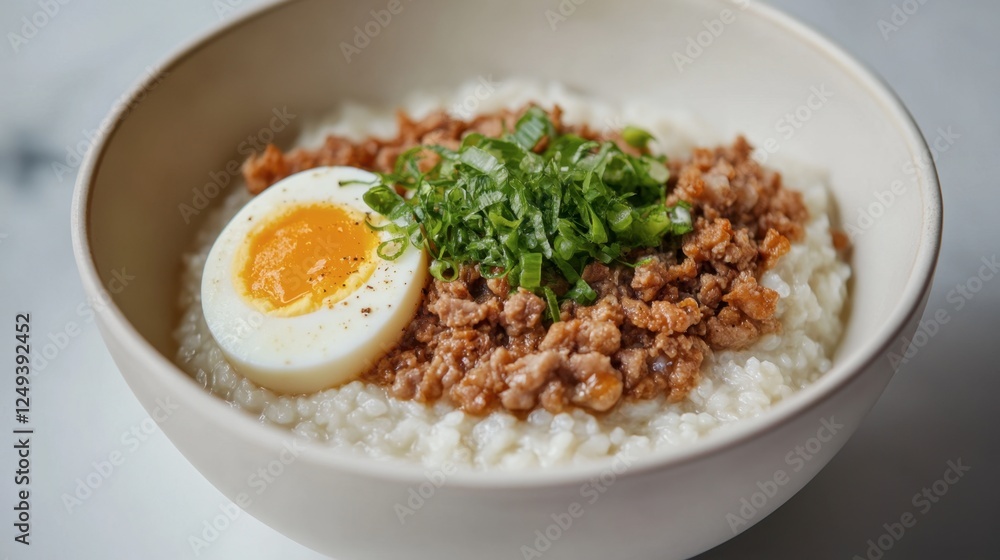 Savory Rice Bowl with Egg and Ground Meat Topping in Simple Bowl Savory Rice Bowl with Egg and Ground Meat Topping in Simple Bowl