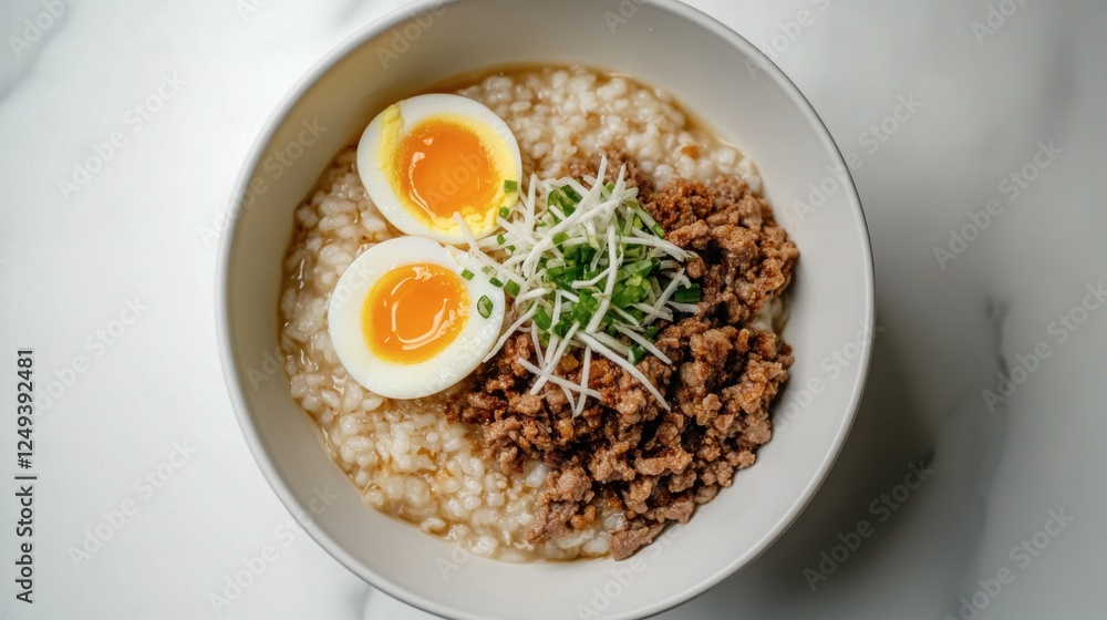 Delicious Savory Rice Porridge with Soft Boiled Eggs and Beef Delicious Savory Rice Porridge with Soft Boiled Eggs and Beef