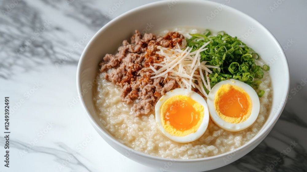 Delicious bowl of congee featuring minced meat and soft-boiled egg Delicious bowl of congee featuring minced meat and soft-boiled egg