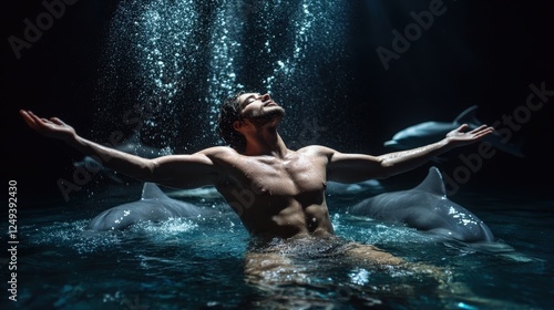 A strong male figure joyfully mesmerizes and interacts with playful dolphins in an enchanting underwater scene, symbolizing freedom, adventure, and a connection with nature. photo