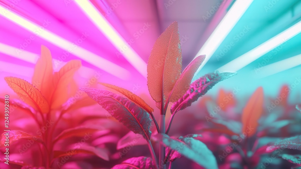 Fototapeta premium Smart greenhouses using AI to adjust LED lighting for plant photosynthesis efficiency